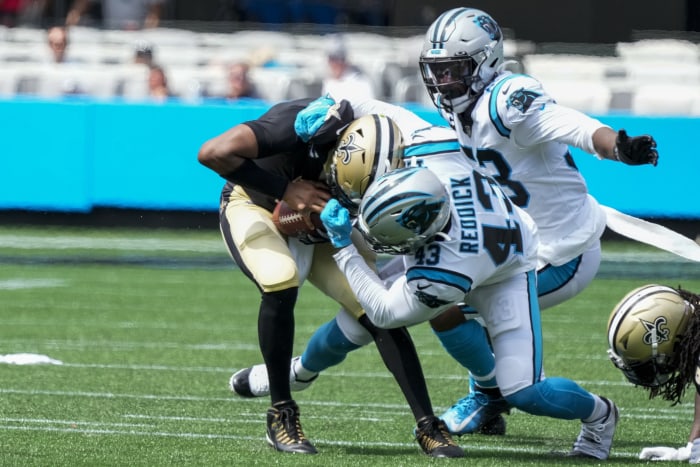New Orleans Saints quarterback Jameis Winston (2) is sacked by Carolina Panthers linebacker Haason Reddick (43). Mandatory Credit: Jim Dedmon-USA TODAY Sports